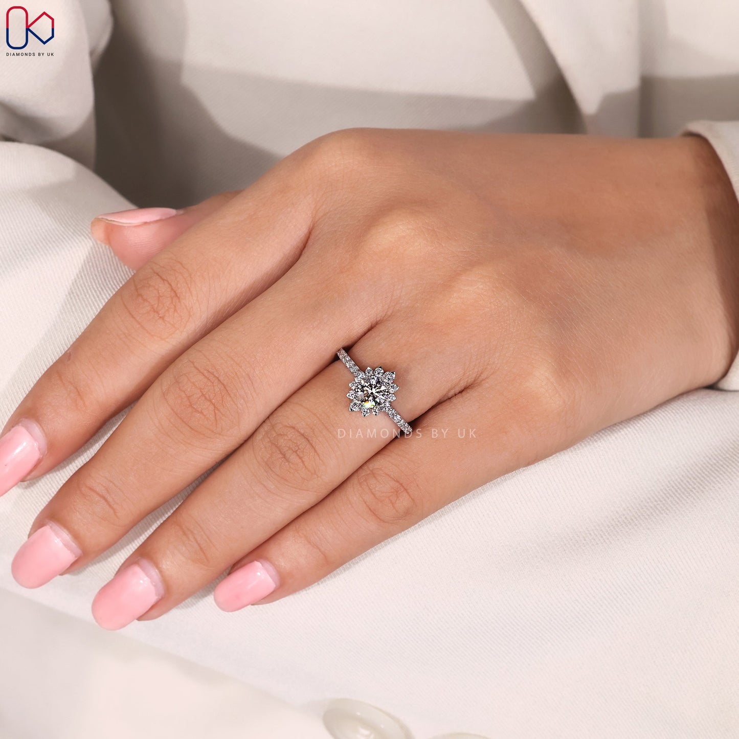 Round Cut White Gold Diamond Ring in Pave Setting
