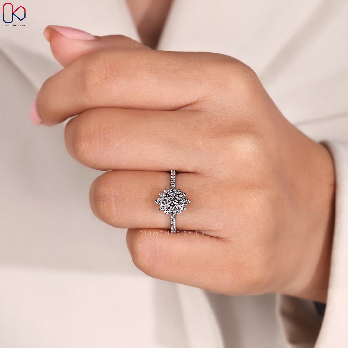 Round Cut White Gold Diamond Ring in Pave Setting
