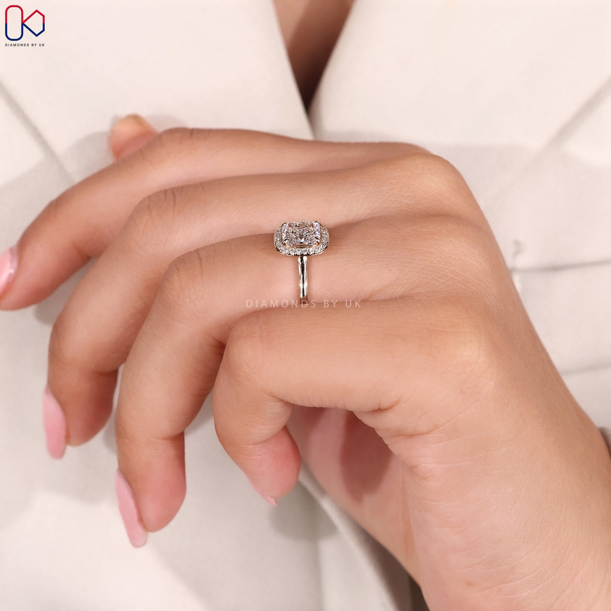 Elongated Cushion Diamond Hidden Halo Ring