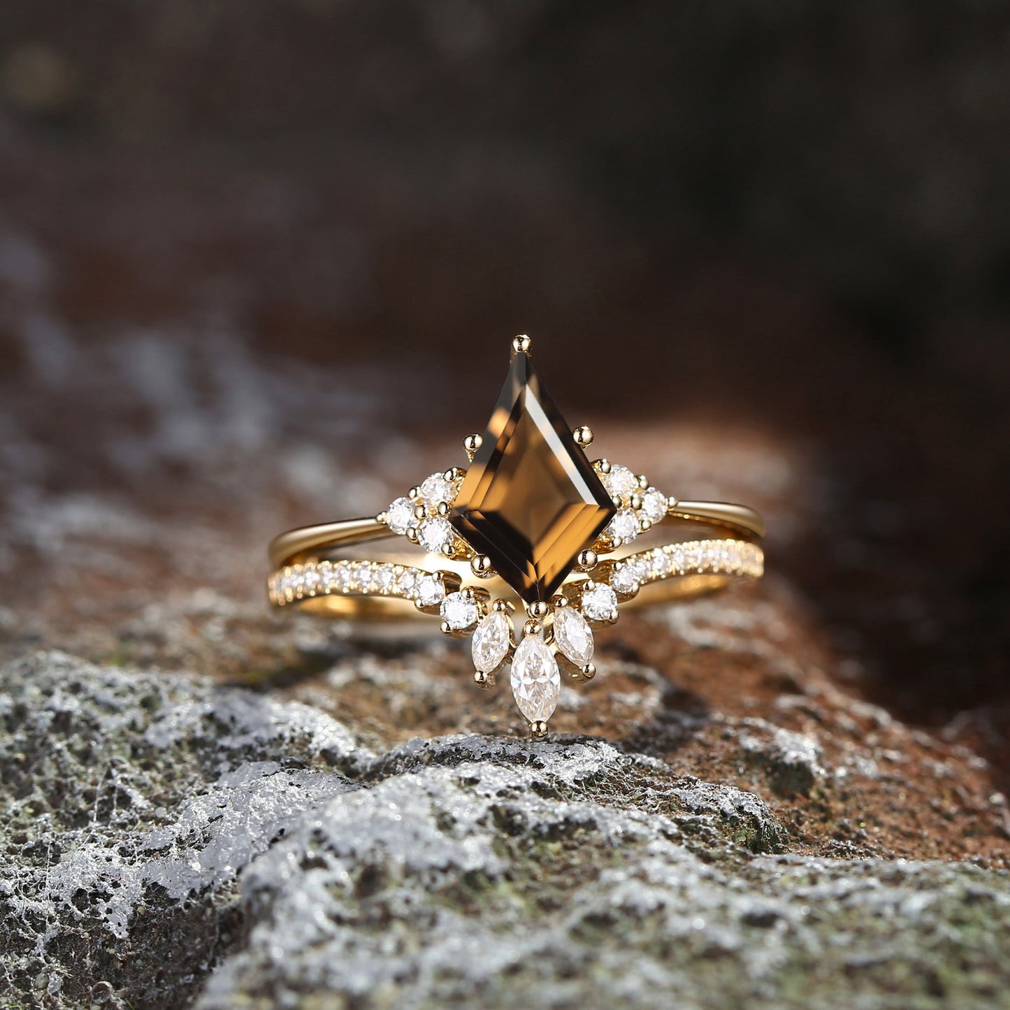 Classic Style Kite Cut Smokey Quartz Cluster Engagement Ring Set 2pcs - Electra