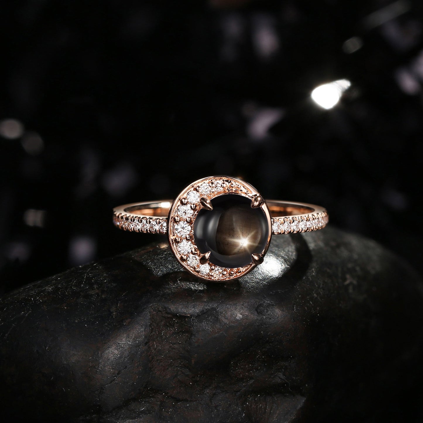 Crescent Moon | Unique Round Cut Natural Black Star Sapphire ‘Full Moon’ Engagement Ring