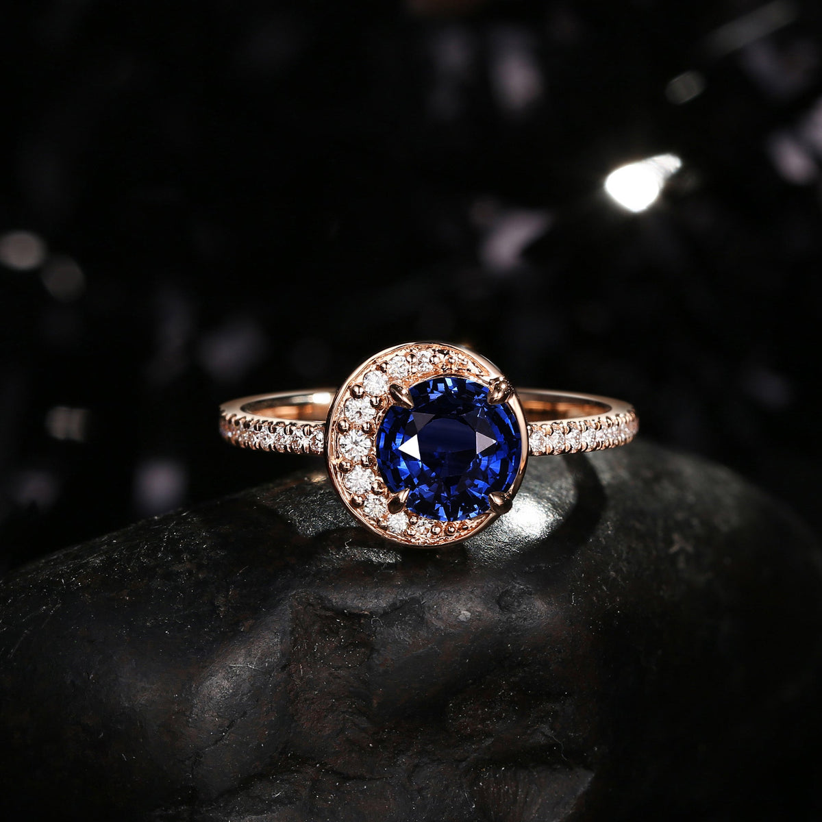 Crescent Moon | Unique Round Cut Natural Sapphire ‘Full Moon’ Engagement Ring