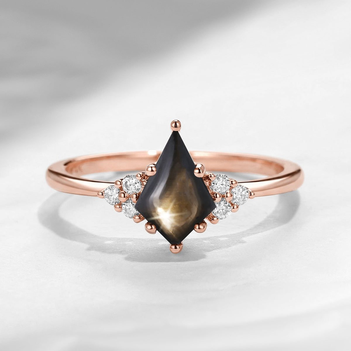 Art Deco Kite Cut Natural Black Star Sapphire Cluster Engagement Ring