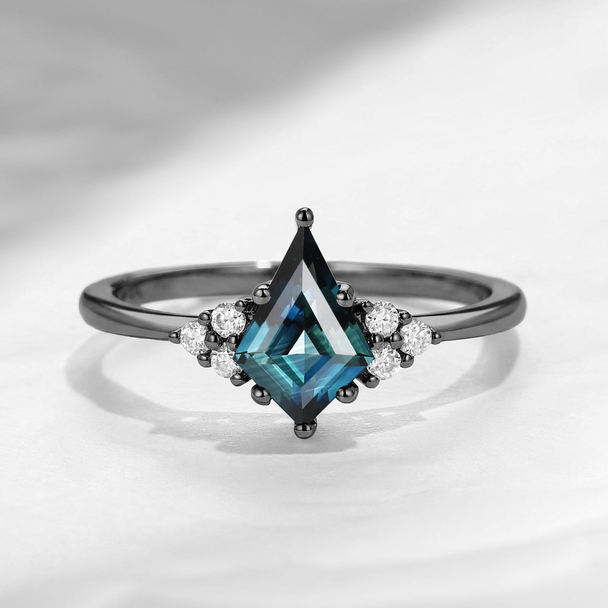 Art Deco Kite Cut Natural Teal Sapphire Cluster Engagement Ring