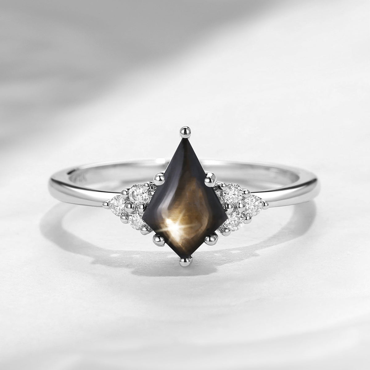 Art Deco Kite Cut Natural Black Star Sapphire Cluster Engagement Ring