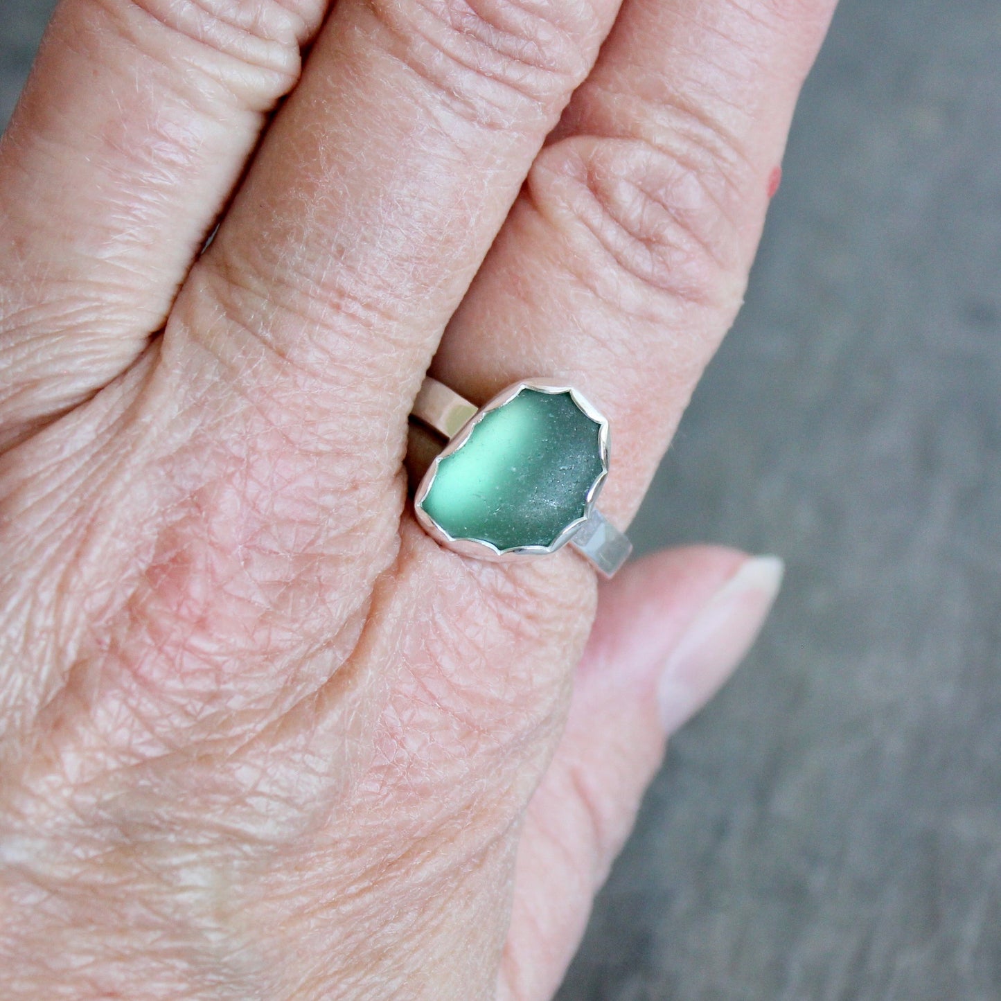Large Size Sage Green Sea Glass Ring | Handmade | Sterling Silver | Size 11