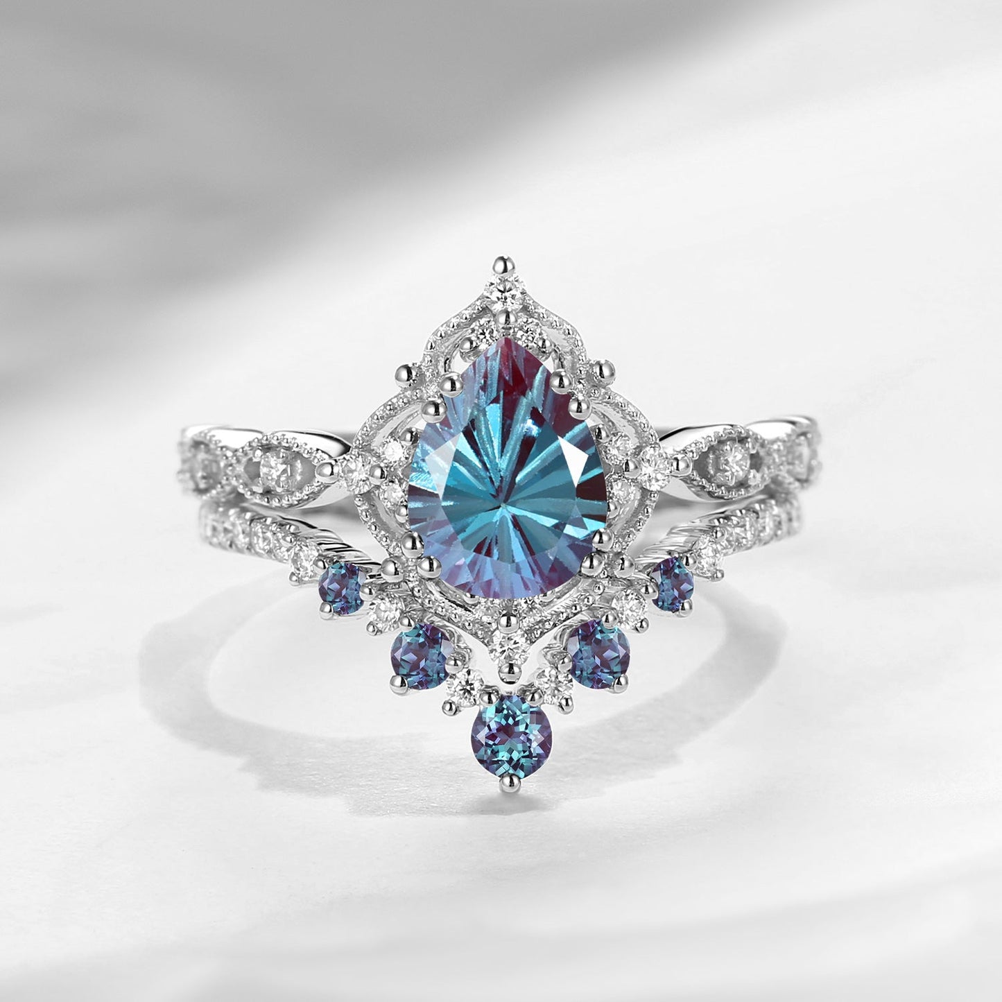Antique Firework Cut Pear Shaped Lab Alexandrite Engagement Ring 2pcs