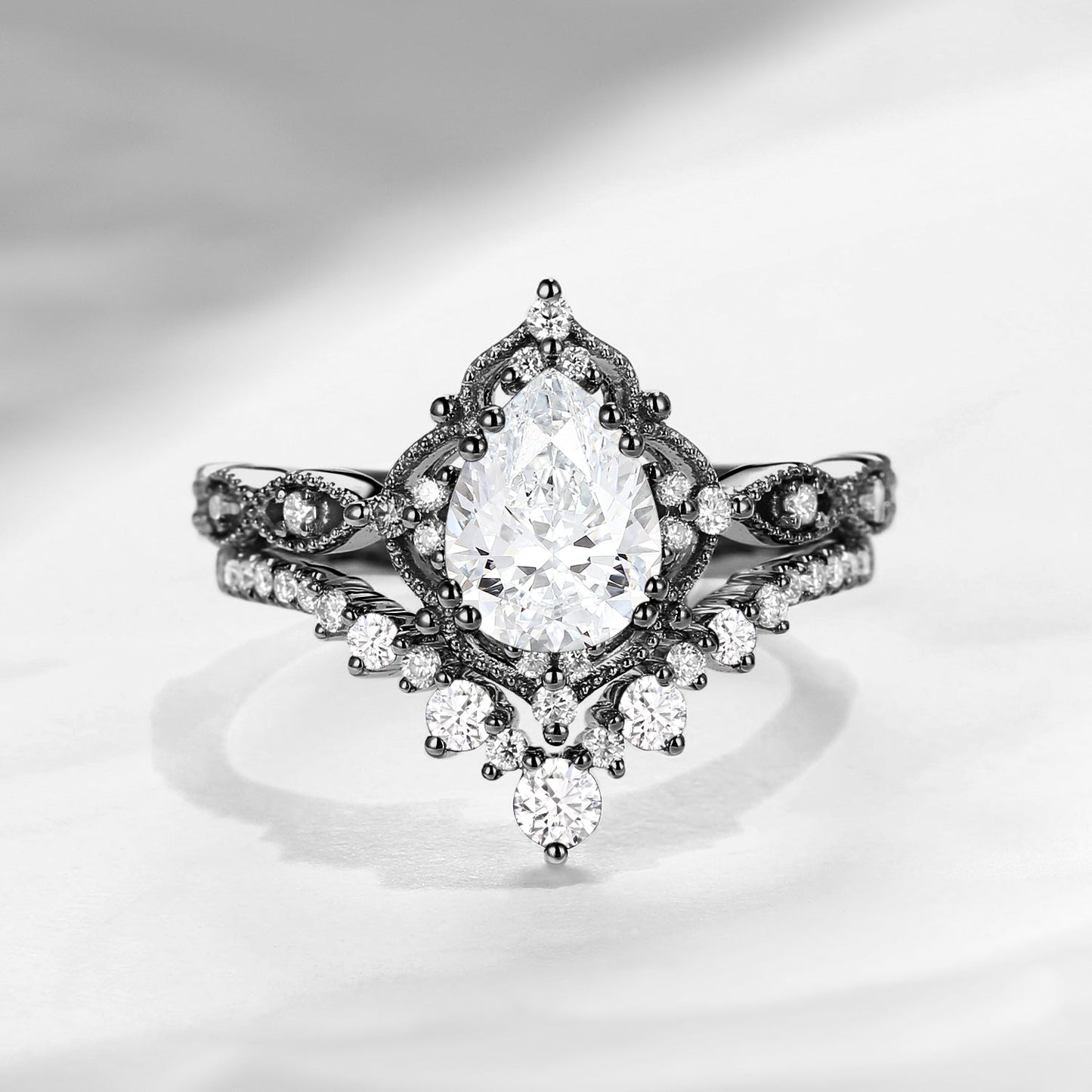 Antique Pear Cut Lab Diamond Engagement Ring Set 2pcs