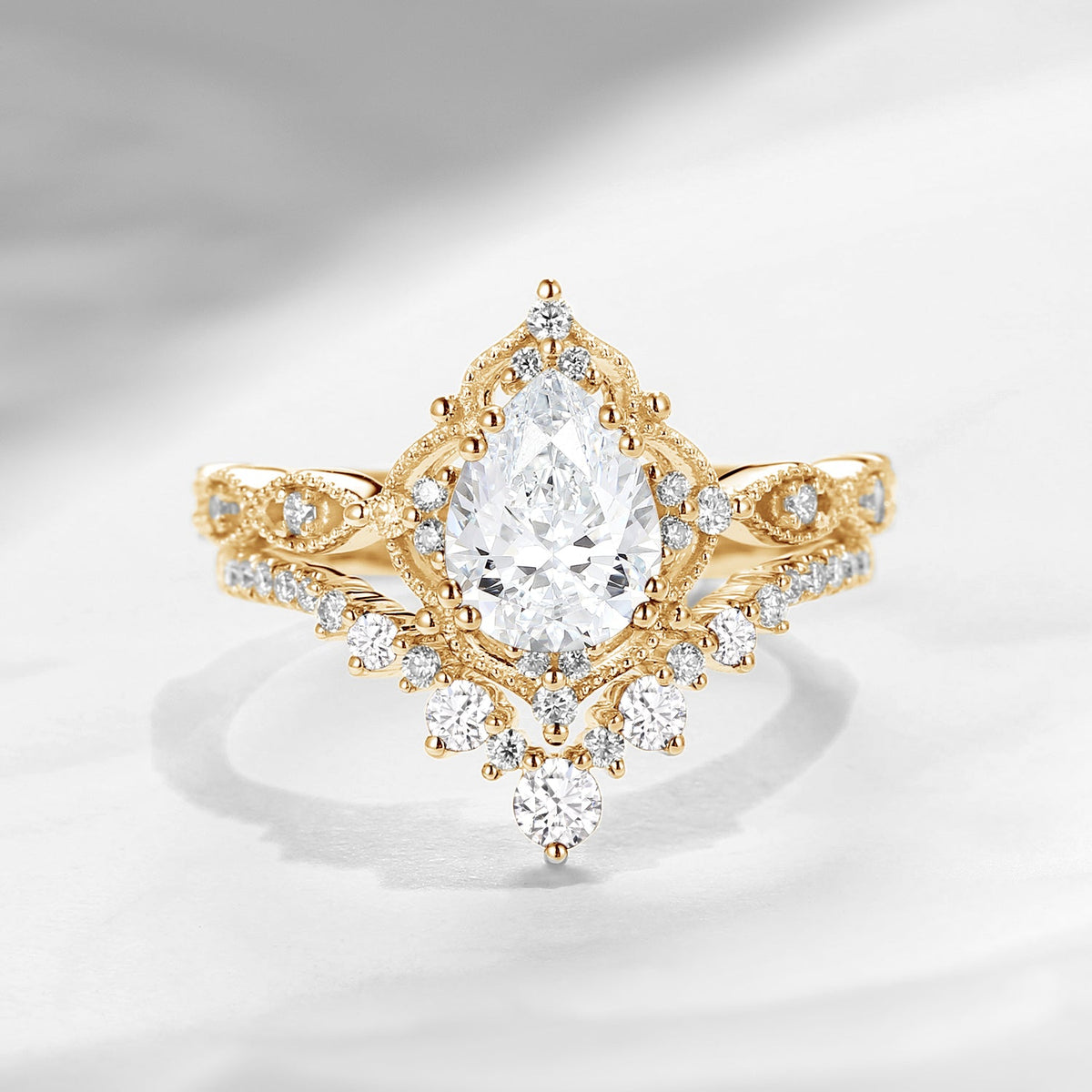 Antique Pear Cut Lab Diamond Engagement Ring Set 2pcs