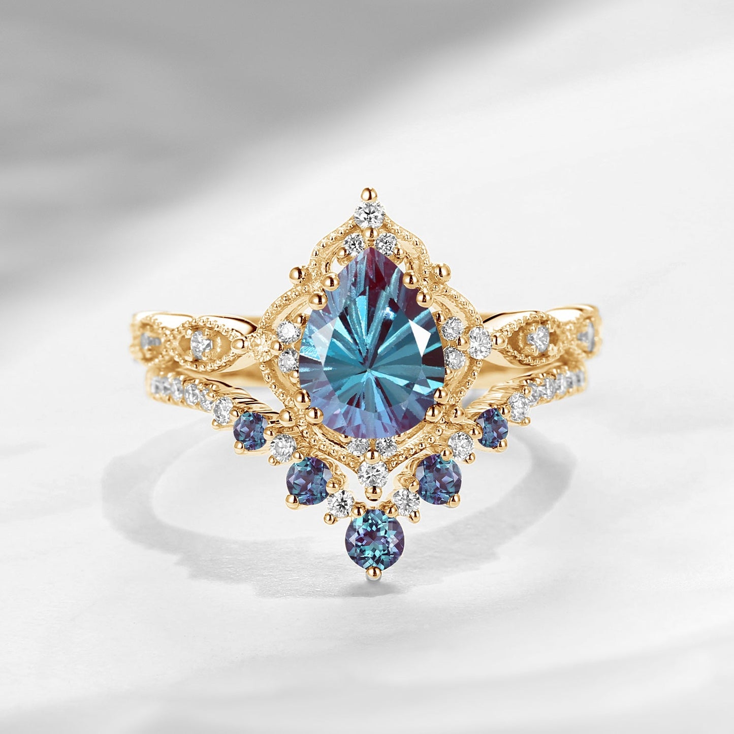Antique Firework Cut Pear Shaped Lab Alexandrite Engagement Ring 2pcs