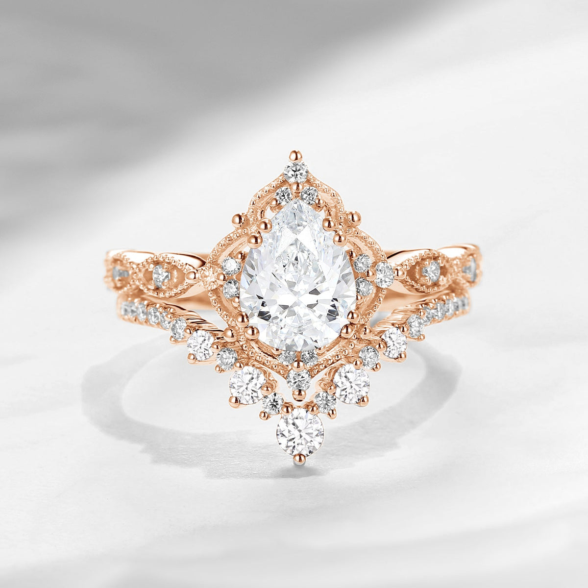 Antique Pear Cut Lab Diamond Engagement Ring Set 2pcs