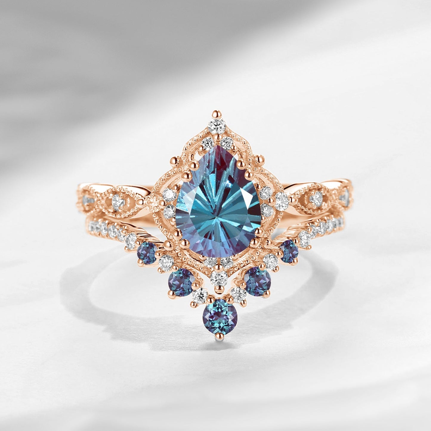 Antique Firework Cut Pear Shaped Lab Alexandrite Engagement Ring 2pcs