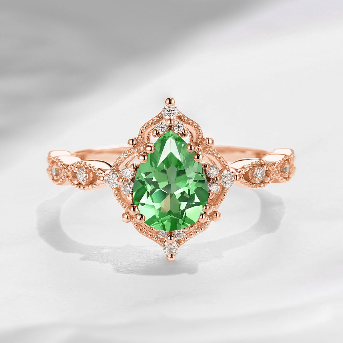 Vintage Pear Cut Lab Tsavorite Classic Milgrain Engagement Ring