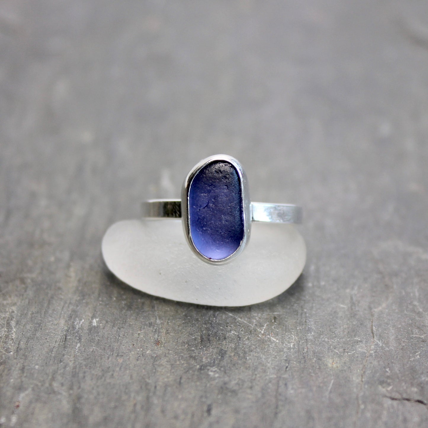 Dark Indigo Blue Sea Glass Ring | Sterling Silver | Handmade | Size 10 1/2
