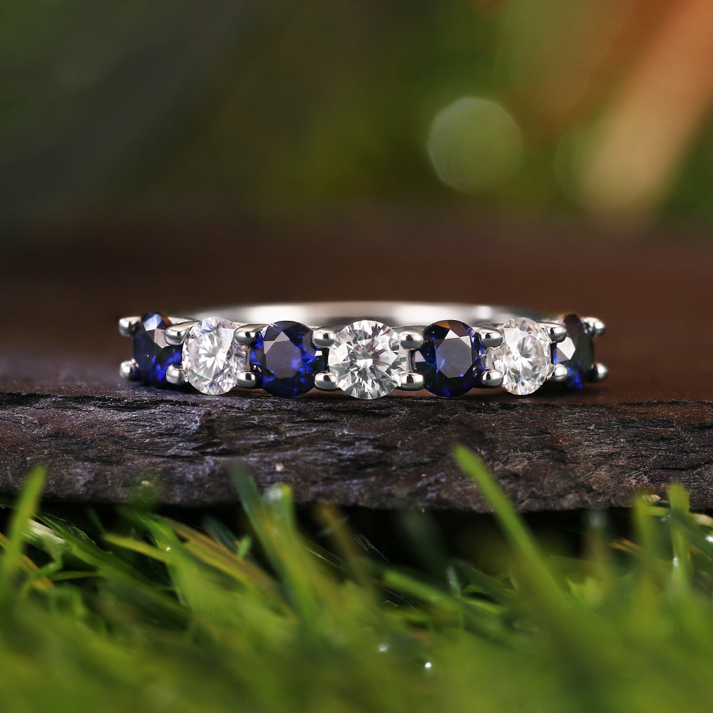2.96 Ct Round Cut Lab Sapphire with Round Cut Moissanite Alternating Accents Classic Elegant Engagement Ring