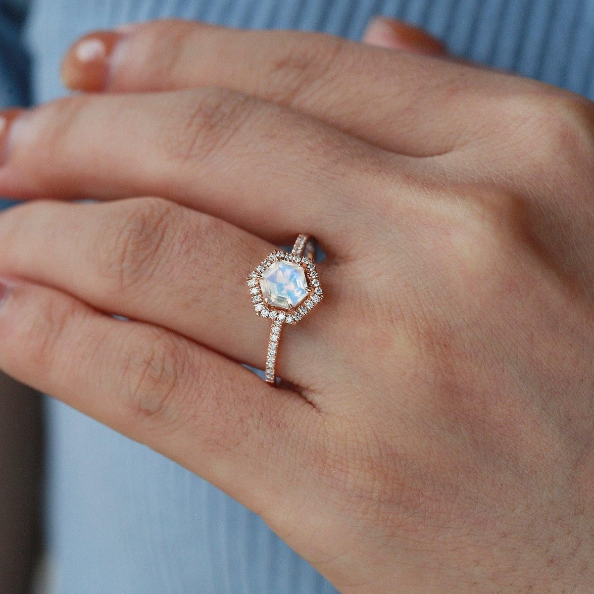 Luna’s Reverie | Vintage Hexagon Moonstone & Moissanite Halo Engagement Ring