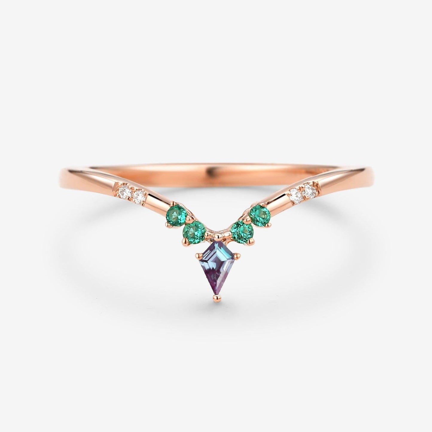 Alexandrite & Emerald & Moissanite  V Shaped Wedding Band