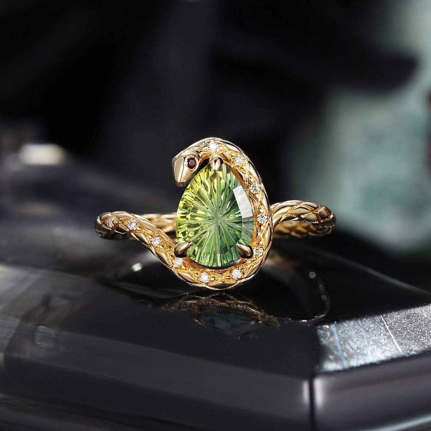Serpent's Embrace - Gothic Fantasy Carved Pear Natural Multi-Colored Sapphire Snake Twist Alternative Bride Engagement Ring