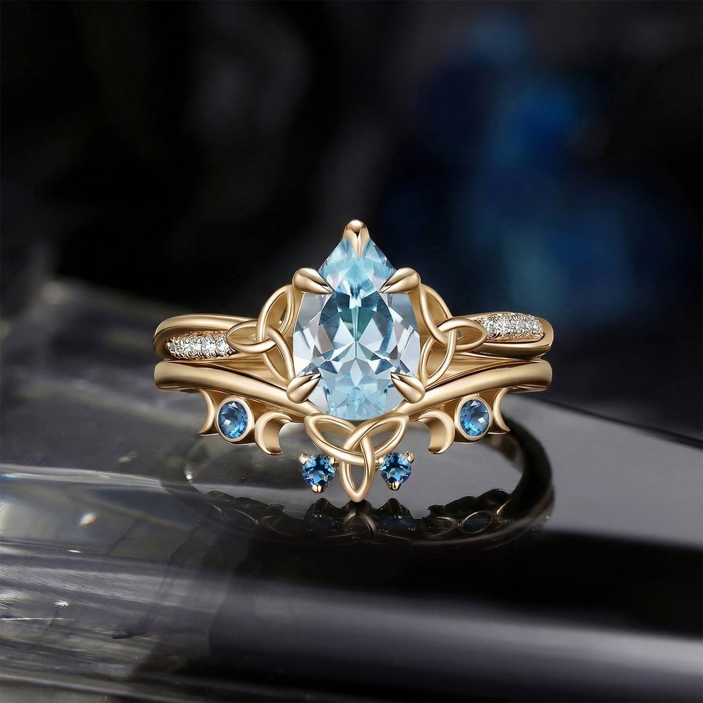 Celtic Moon - Celtic Inspired Pear Cut Natural Aquamarine Engagement Ring Set