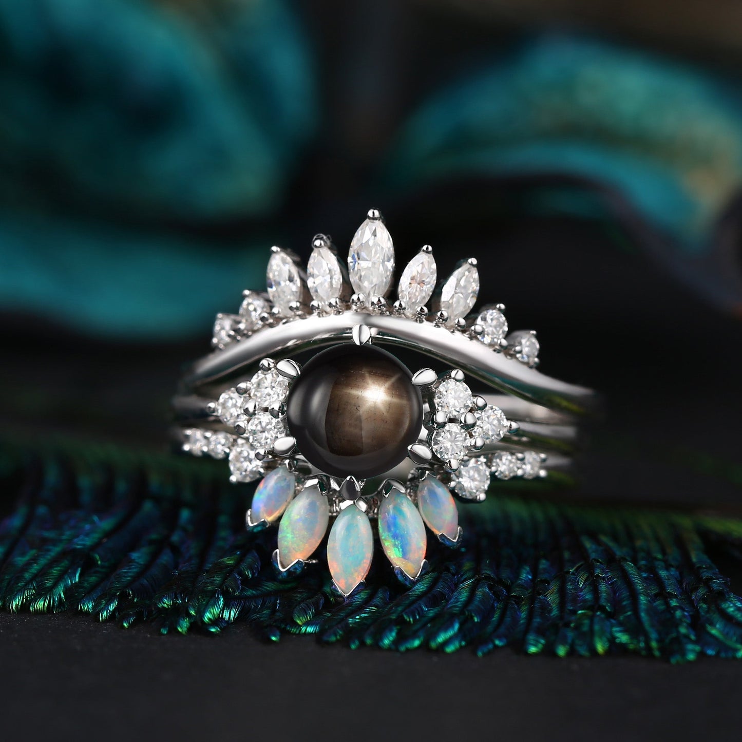 Bette‘s Eyes | Unique Round Cut Natural Black Star Sapphire Engagement Ring Set 3pcs