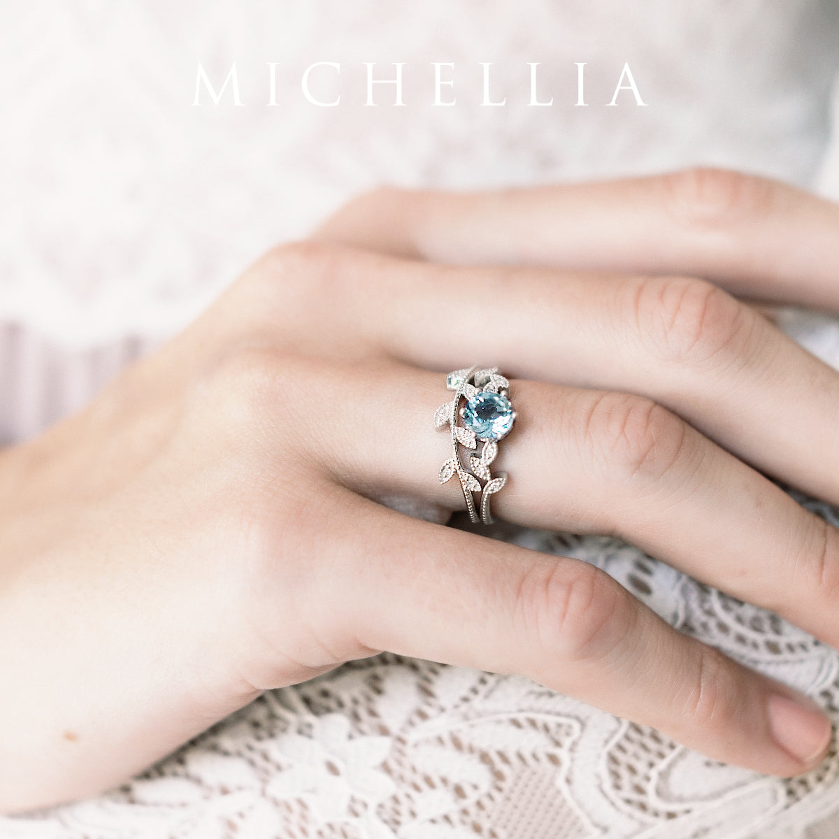 [Dahlia] Petite Floral Engagement Ring in Aquamarine