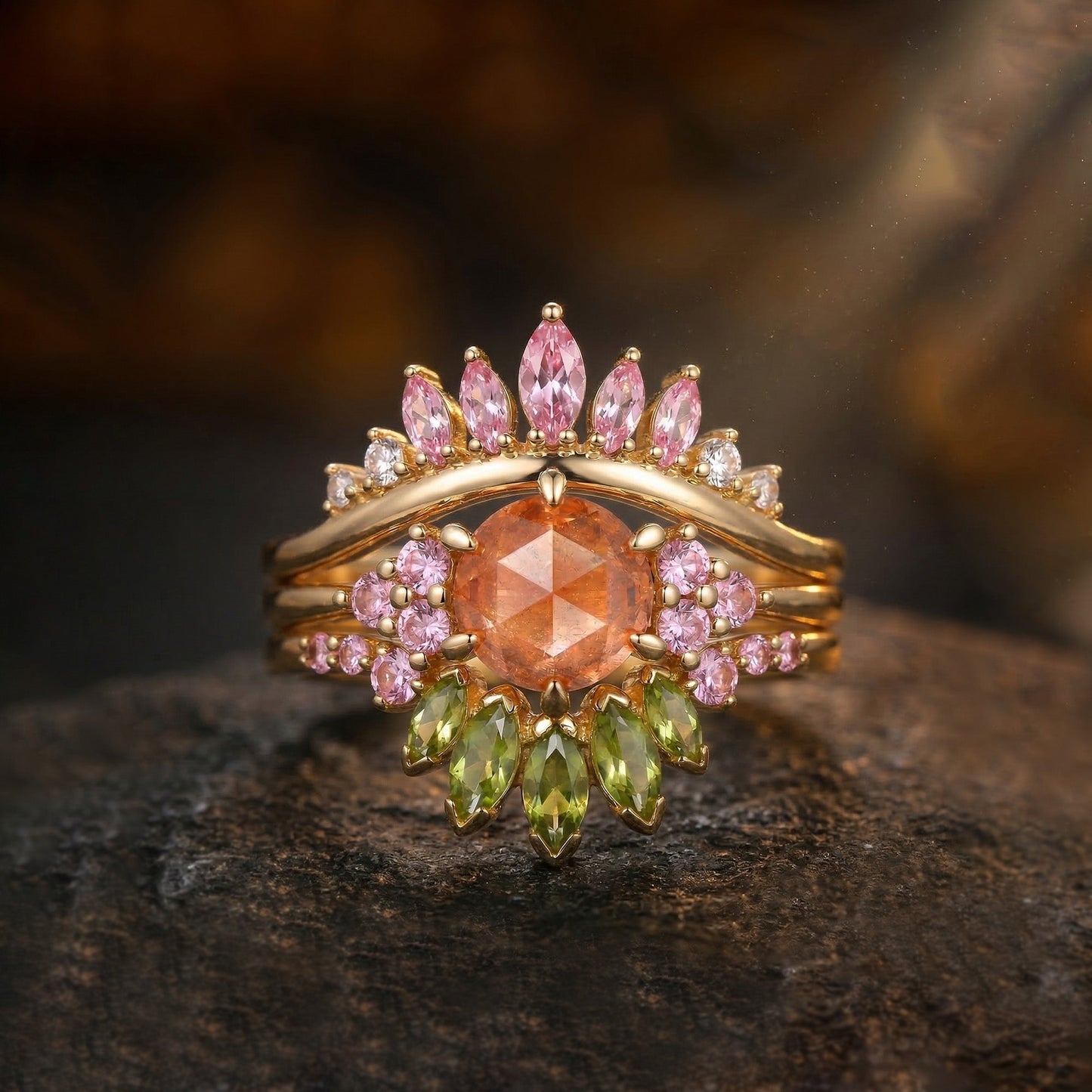 Bette‘s Eyes | Unique Round Rose Cut Strawberry Quartz Alternative Bride Engagement Ring Set 3pcs