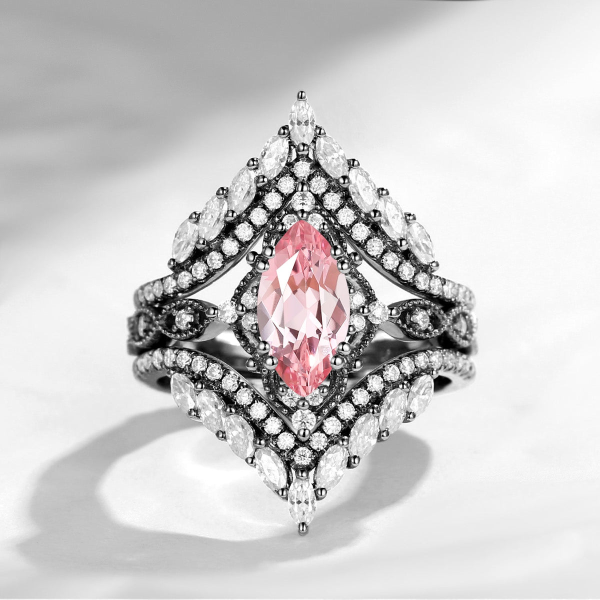 Vintage Style Marquise Lab Pink Sapphire Cage Ring 2pcs