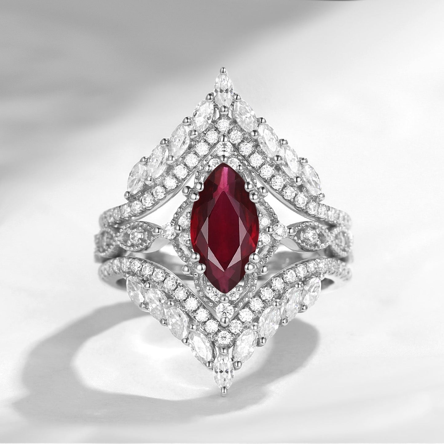 Vintage Style Marquise Cut Natural Ruby Cage Ring 2pcs