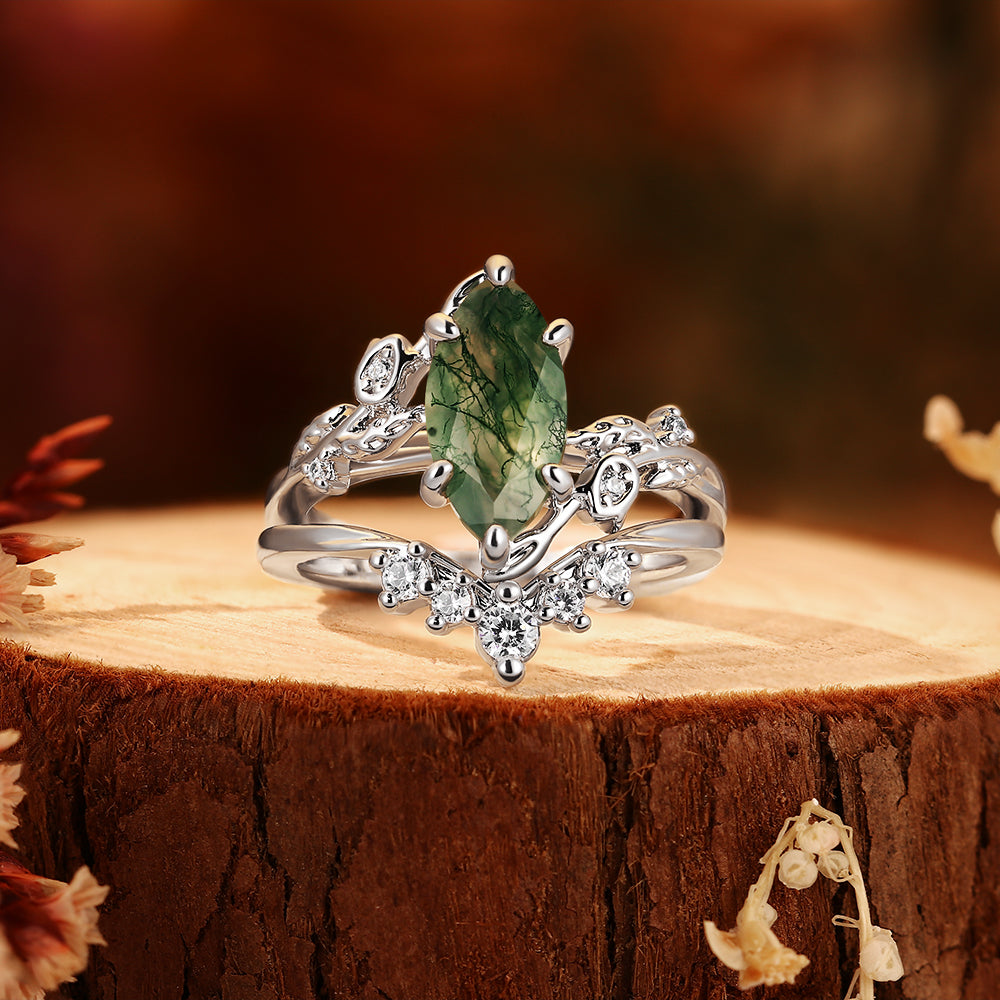 Marquise Moss Agate Bridal Set, Nature Inspired Leaf & Twig Wedding Ring Set, 2PCS Unique Green Gemstone Engagement Ring for Women