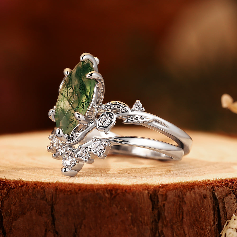 Marquise Moss Agate Bridal Set, Nature Inspired Leaf & Twig Wedding Ring Set, 2PCS Unique Green Gemstone Engagement Ring for Women