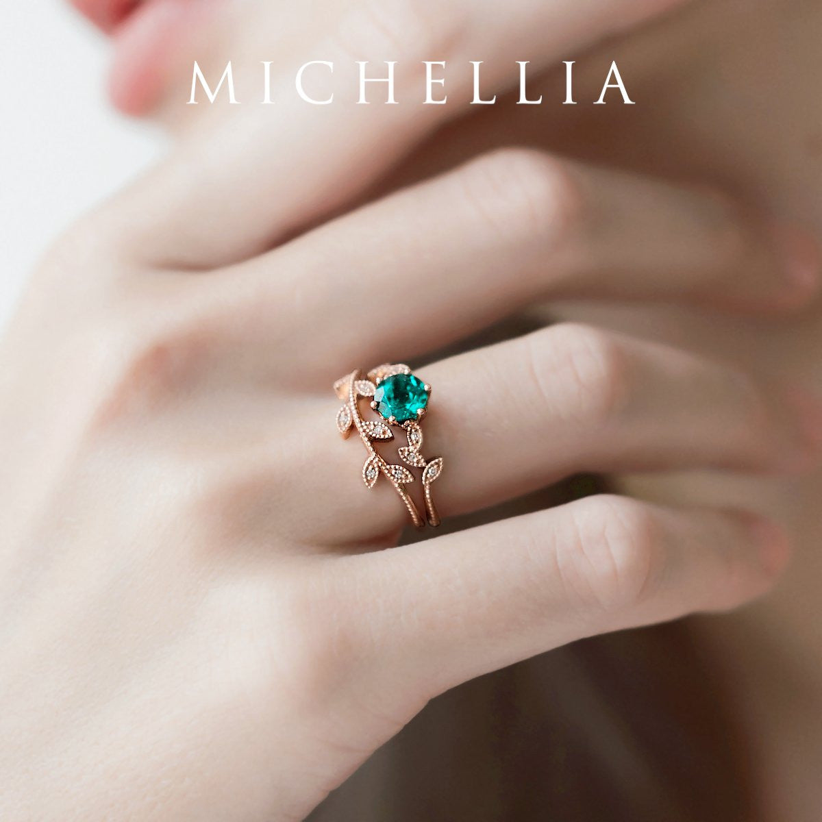 [Dahlia] Petite Floral Engagement Ring in Emerald