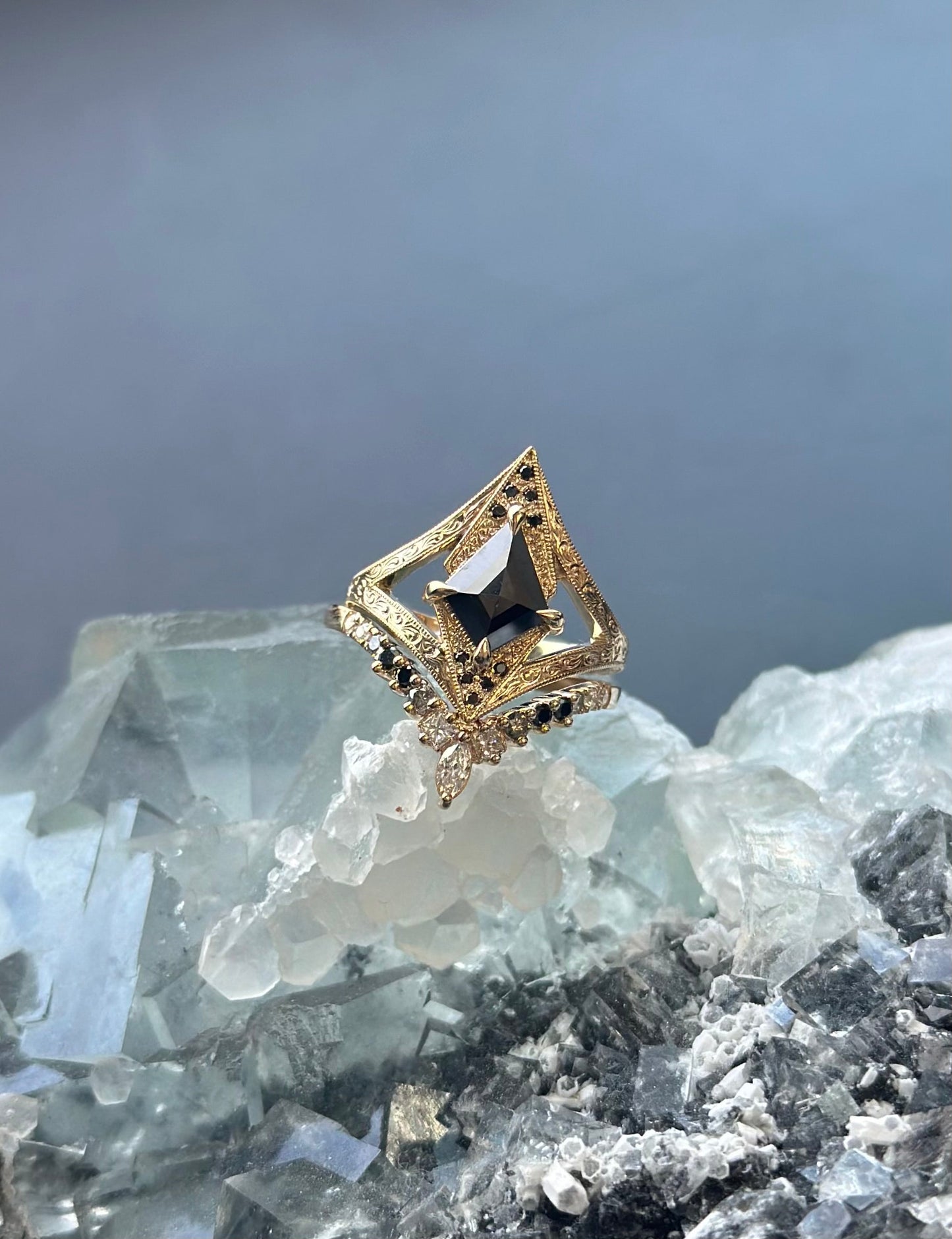 1.24 Carat Black Kite Diamond Engagement Ring, Engraved Arwen Setting