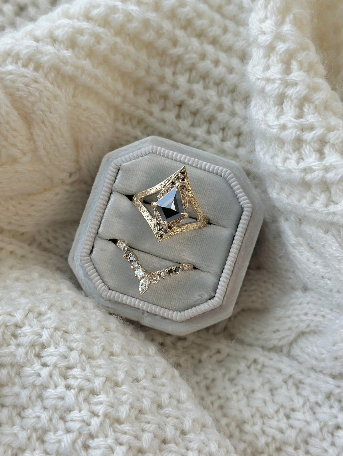 1.24 Carat Black Kite Diamond Engagement Ring, Engraved Arwen Setting