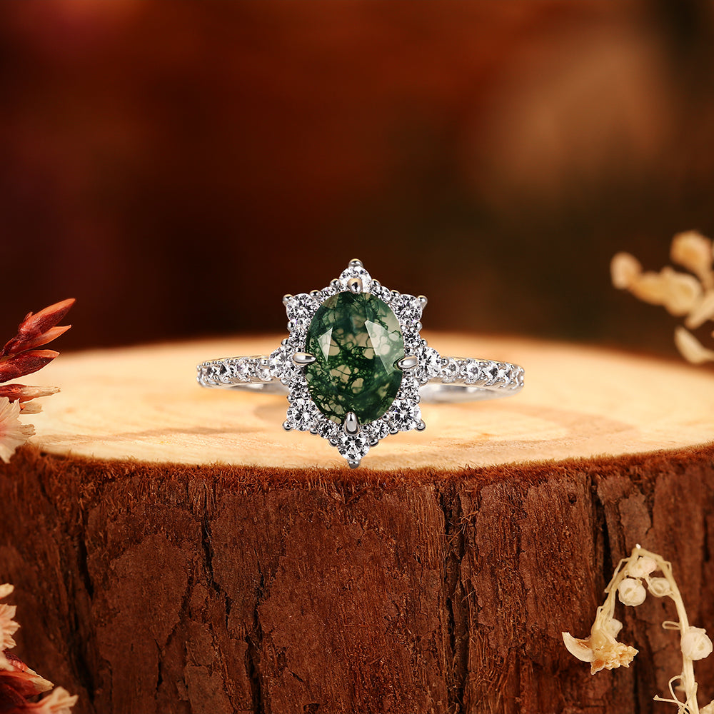Vintage 6x8mm Oval Moss Agate Starburst Halo Engagement Ring, Nature Inspired Green Agate Jewelry