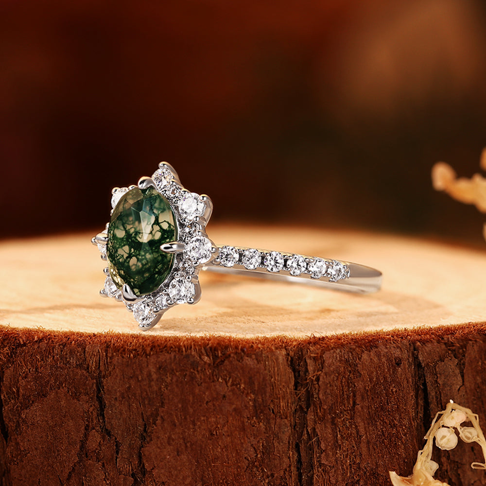 Vintage 6x8mm Oval Moss Agate Starburst Halo Engagement Ring, Nature Inspired Green Agate Jewelry