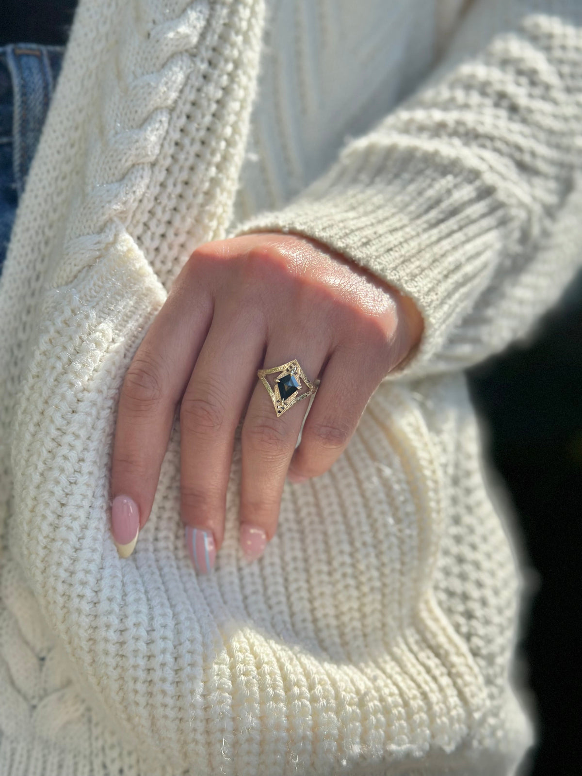 1.24 Carat Black Kite Diamond Engagement Ring, Engraved Arwen Setting