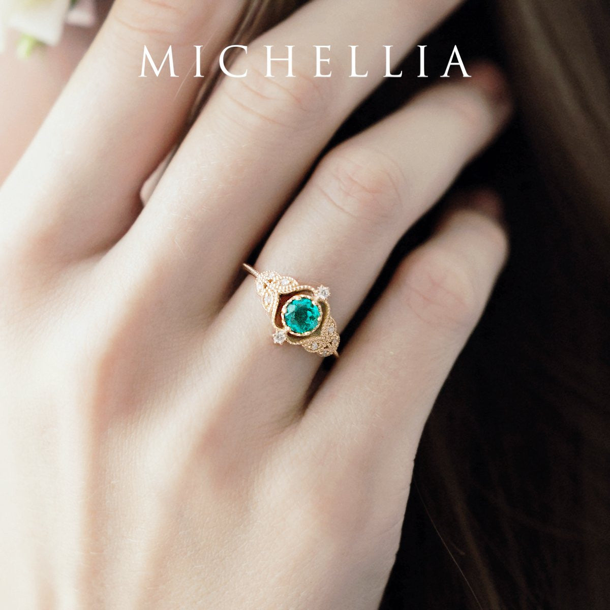 [Adeline] Vintage Rose Ring in Lab Emerald