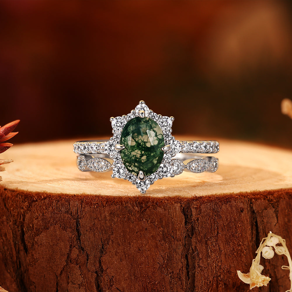 2PCS Oval Moss Agate Bridal Ring Set, Art Deco Starburst Halo Ring, Moissanite Wedding Band