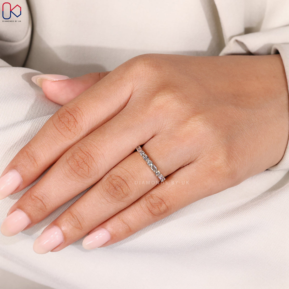 Half Eternity Emerald and Round Wedding Band