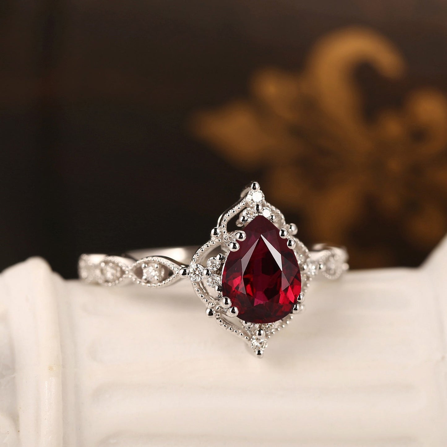 Vintage Inspired Pear Cut Natural Ruby Engagement Ring