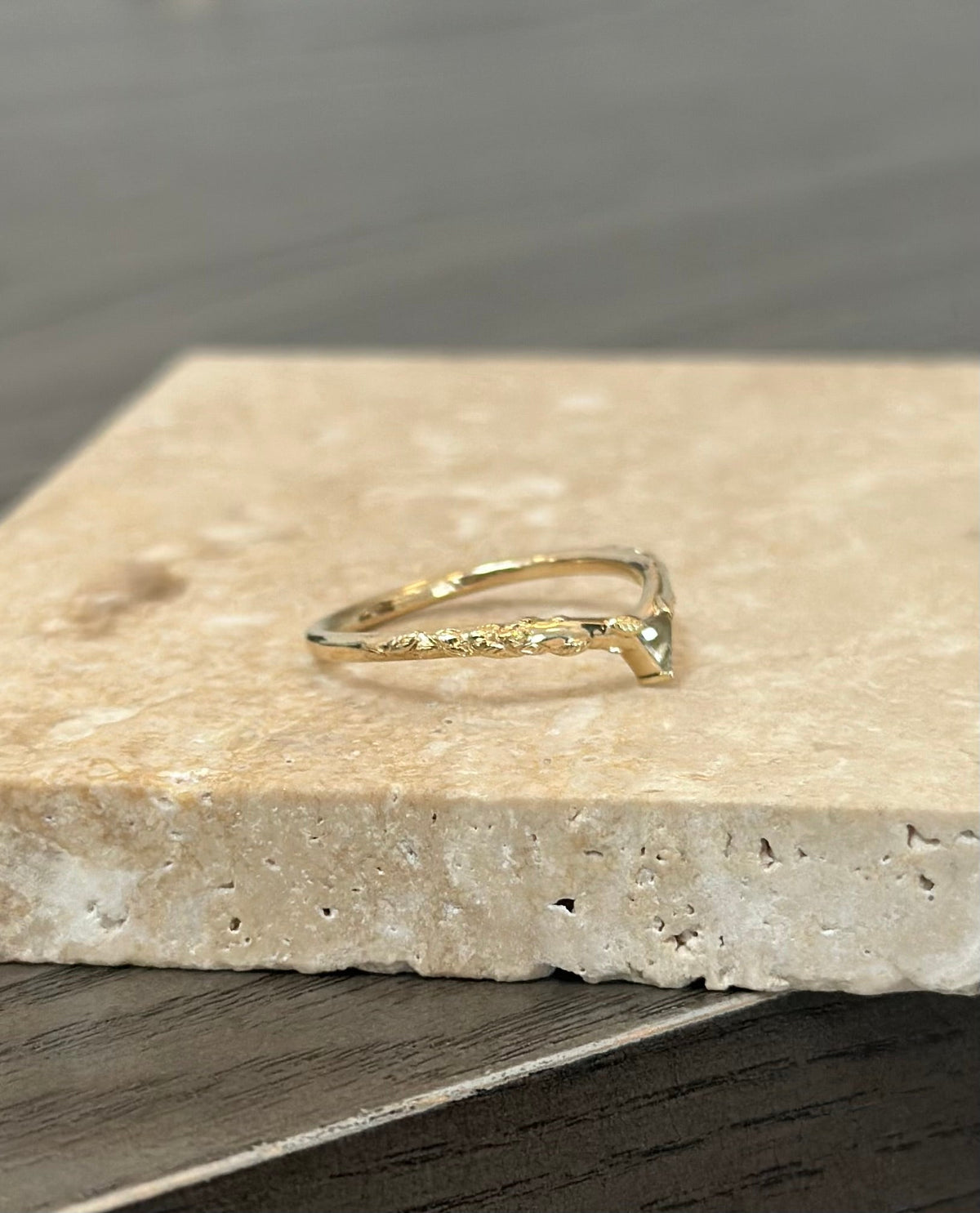 Pixie Wedding Ring, Triangle Lab Grown Green Sapphire