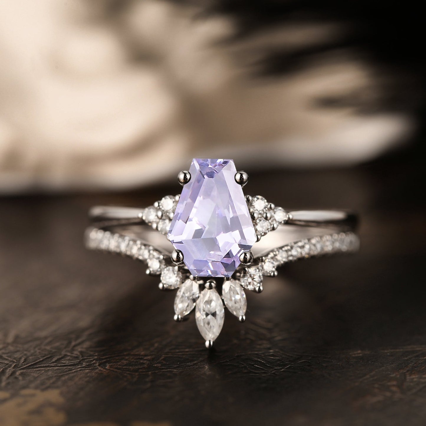 Coffin Cut Lab Lavender Sapphire Alternative Engagement Ring 2pcs - White Dress