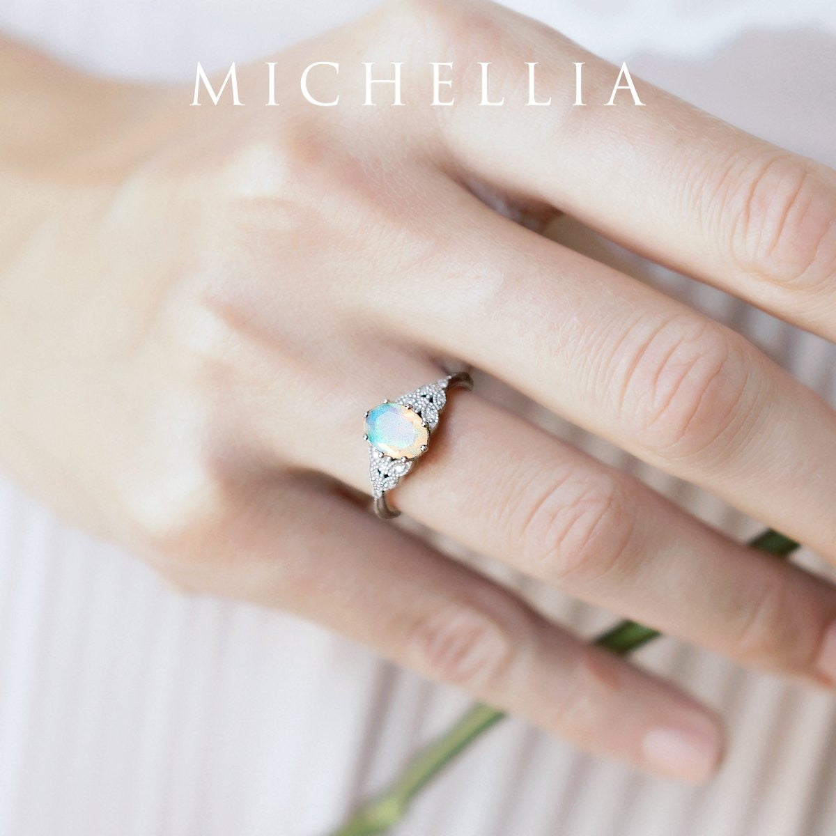 [Olivia] Classic Floral Oval Engagement Ring in Natural Australian Opal
