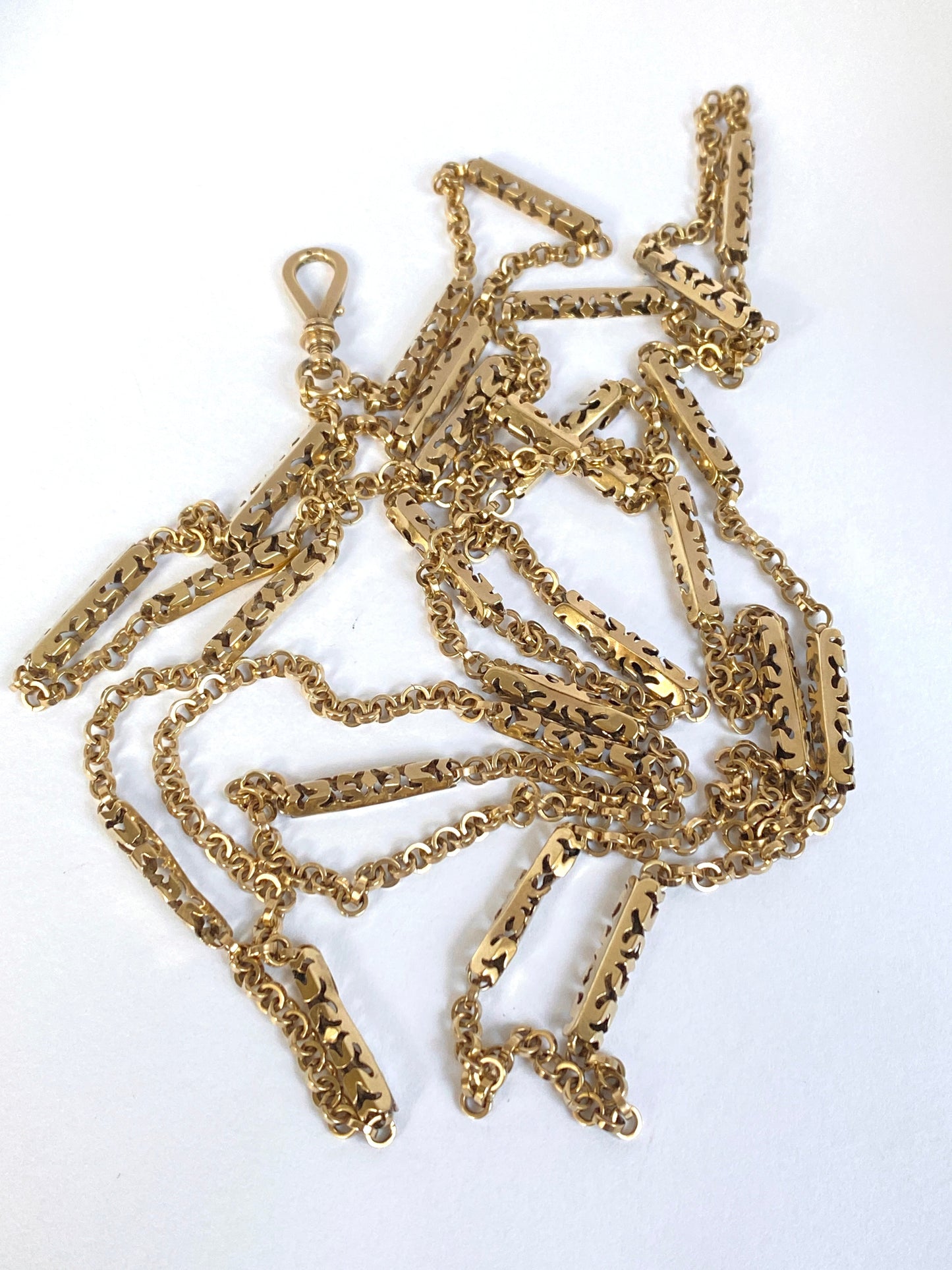 Alex 2nd payment 50 inch, Antique, 9ct Gold Long Guard Chain with Swivel Dog Clip  21.77g