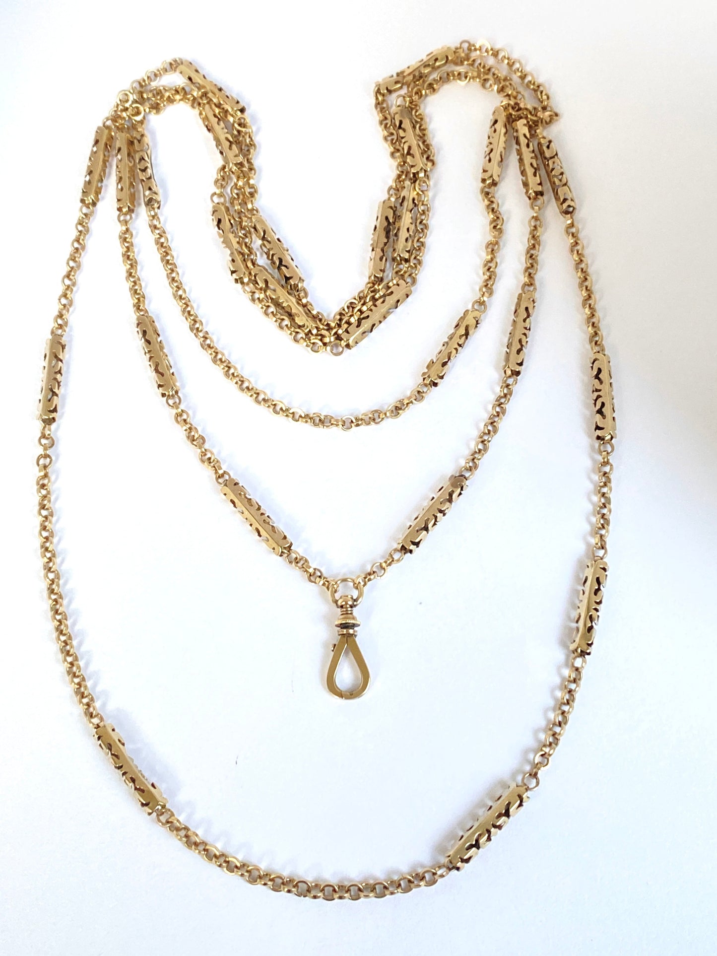 Alex 2nd payment 50 inch, Antique, 9ct Gold Long Guard Chain with Swivel Dog Clip  21.77g