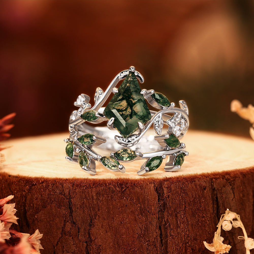 Unique Kite Cut Moss Agate Ring Nature Inspired Vine & Leaf Bridal Ring