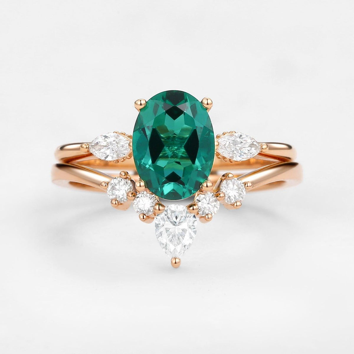 Vera's Grace | Vintage Oval Emerald & Moissanite Bridal Set 2pcs