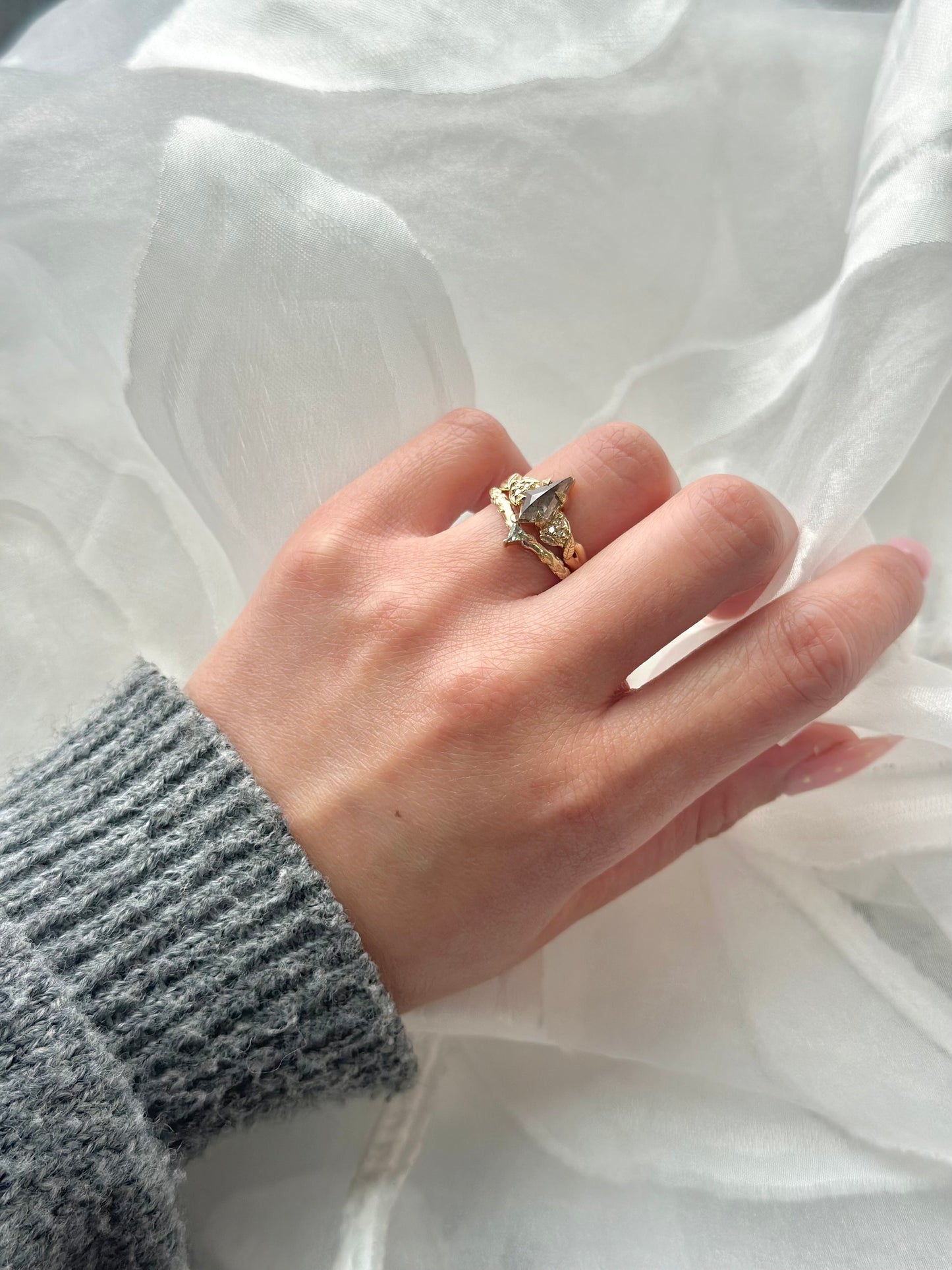 Pixie Wedding Ring, Triangle Lab Grown Green Sapphire