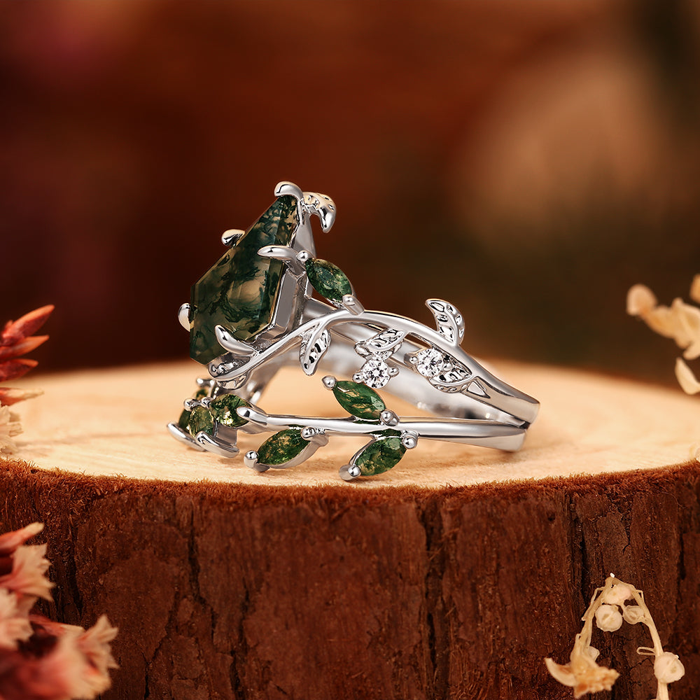 Unique Kite Cut Moss Agate Ring Nature Inspired Vine & Leaf Bridal Ring