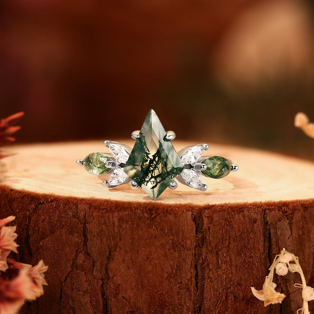 Nature Inspired 8x12mm Kite Cut Moss Agate Engagement Ring Forest Leaf Design